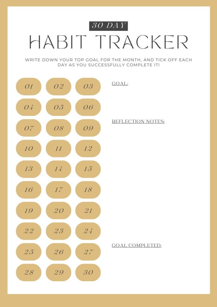 Gold 30 Day Habit Tracker Worksheet