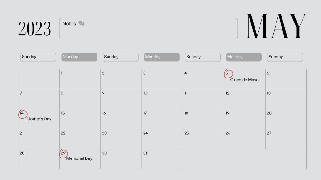 Gray Minimalist May 2023 Calendar