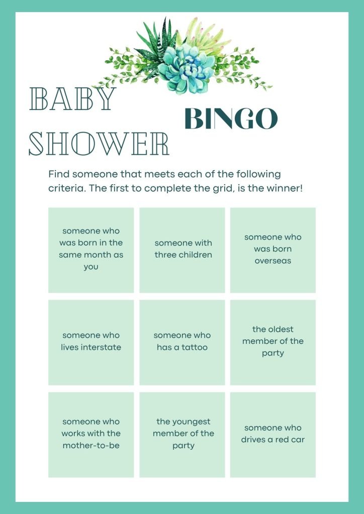 Green Baby Shower Game Bingo Card Game Ice Breaker