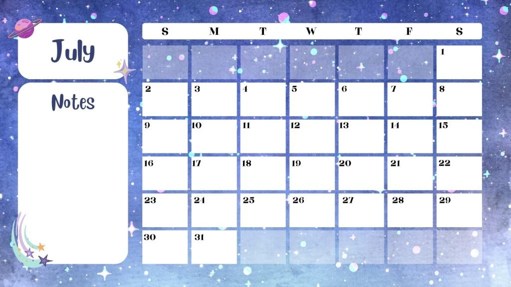 July Blue Illustration Sky Calendar