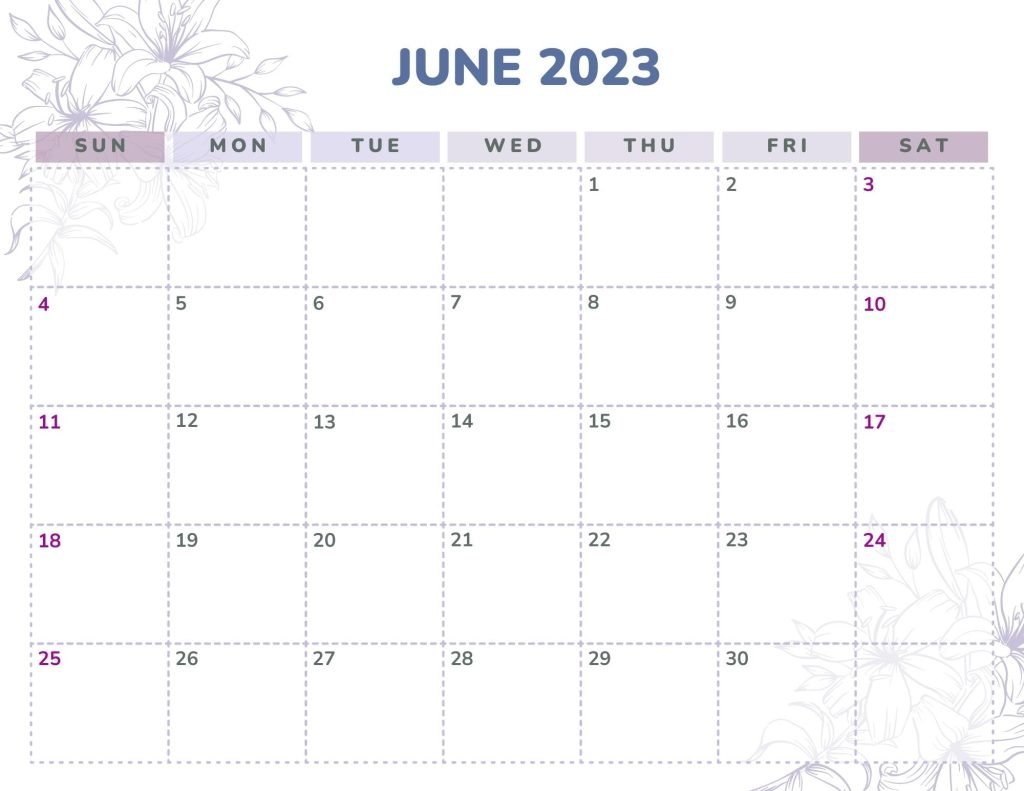 Lavender Lilac Purple Floral Simple Modern June 2023 Monthly Calendar
