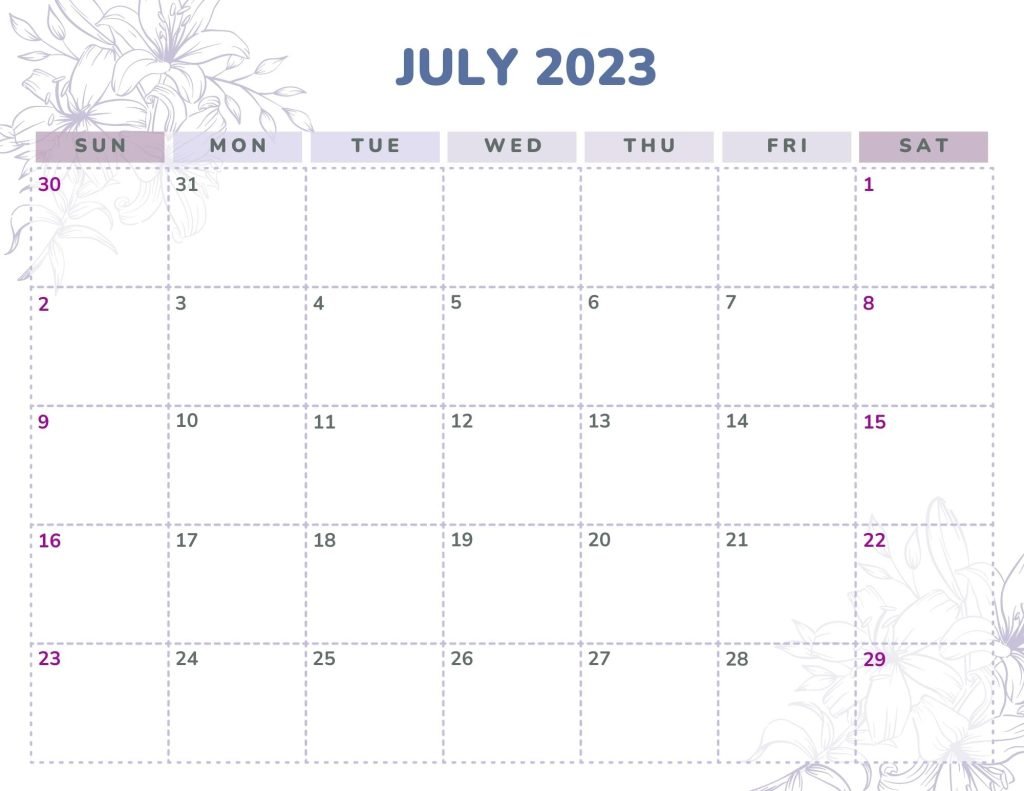 Lilac Purple Lavender Lily Flower Illustration Simple Modern July 2023 Monthly Calendar