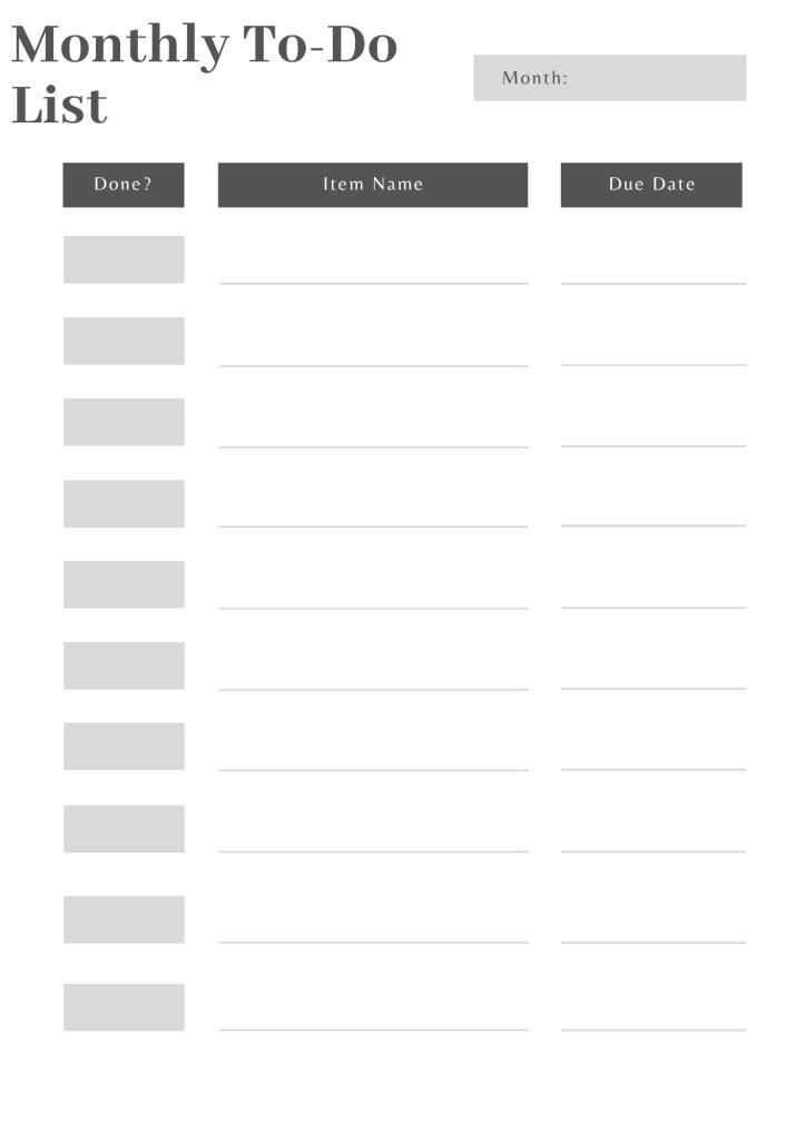 Minimal monthly To Do List Template