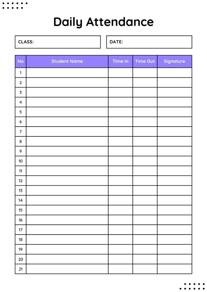 Minimalist White Purple Daily Attendance Printable Sheet