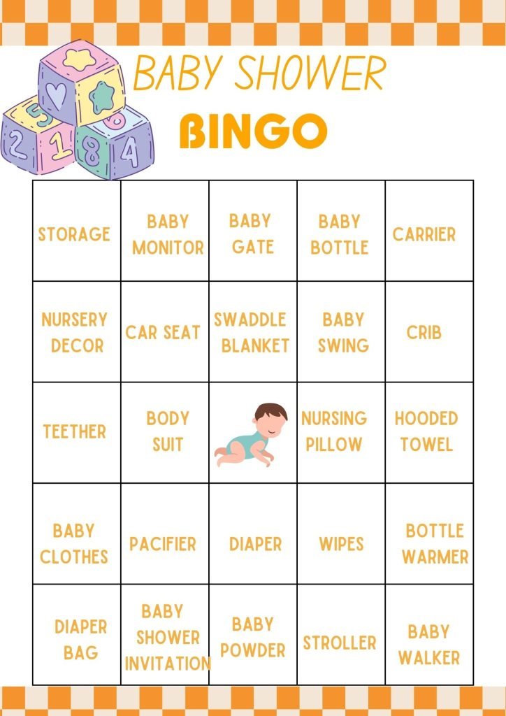 Orange baby shower bingo card