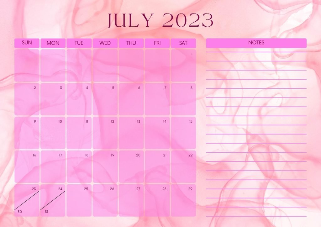 Pink Minimalist Year 2023 July Wall Calendar