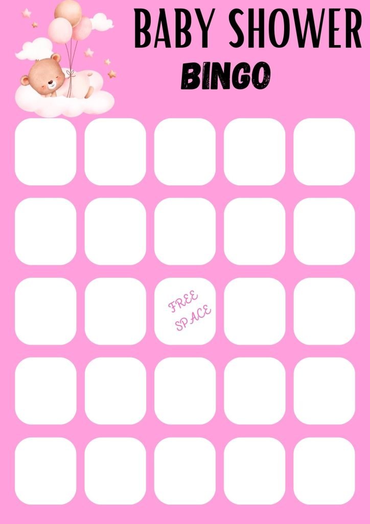 Pink Teddy bear baby shower bingo card