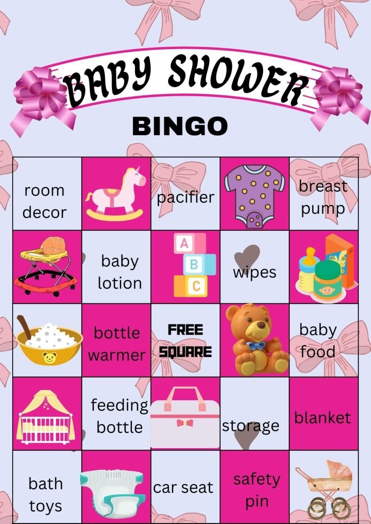 Pink bow baby shower bingo