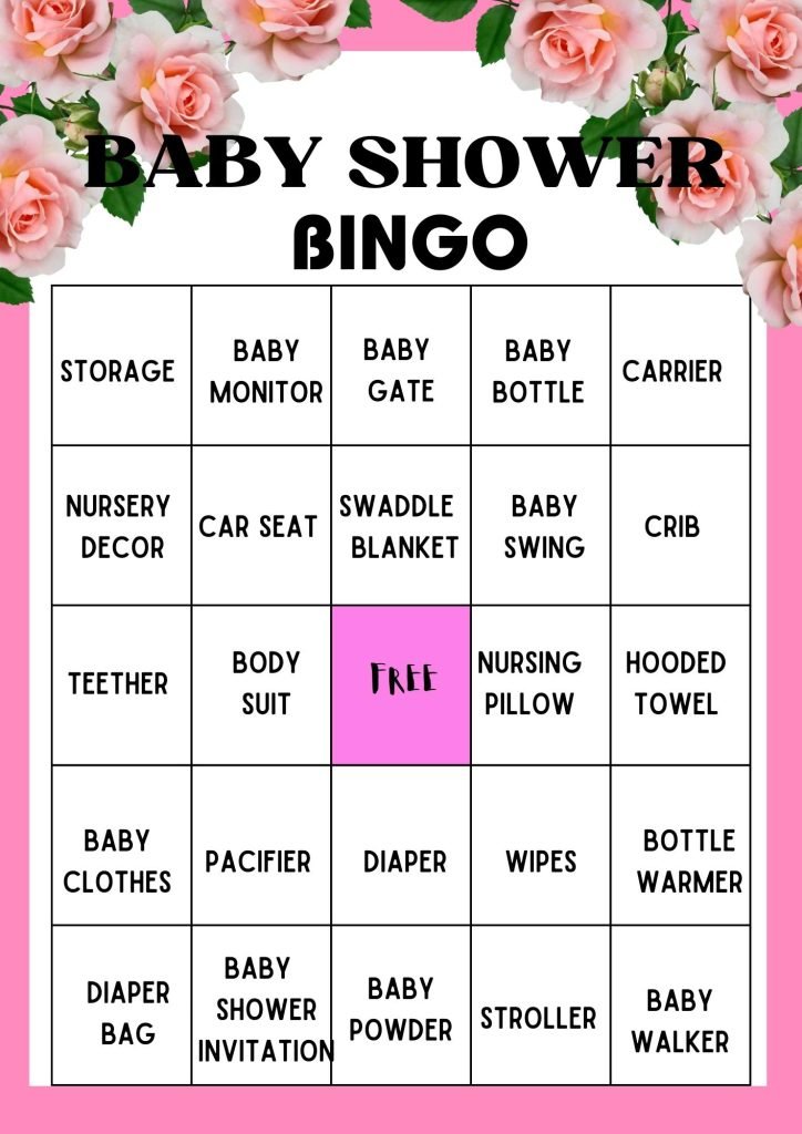 Pink floral baby shower bingo card
