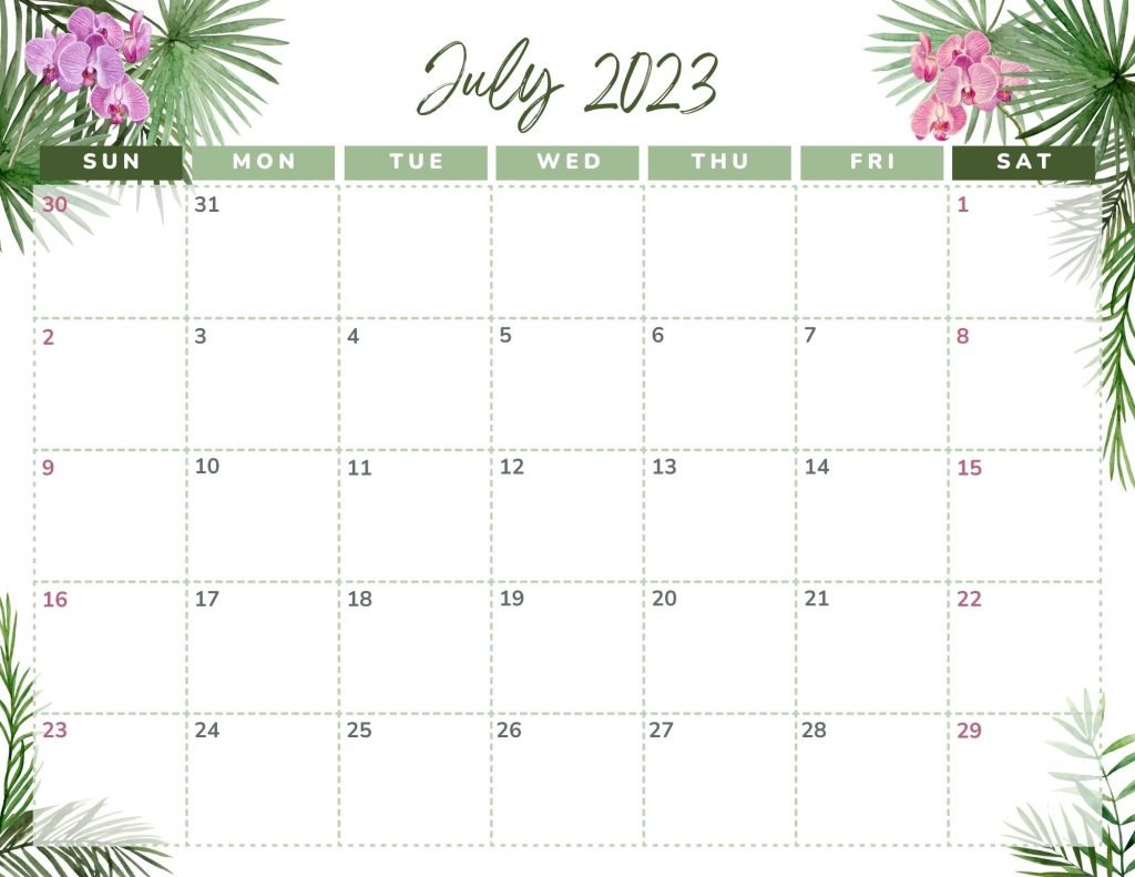 Purple Green Tropical Orchid 2023 Monthly July Calendar