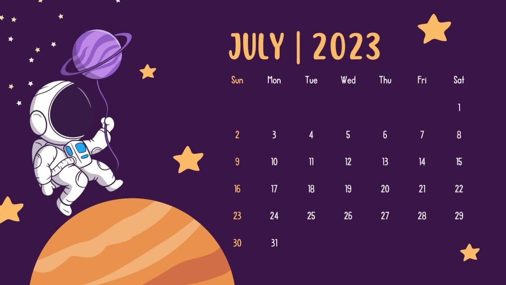 Purple and Orange Playful Space Illustration July 2023 Monthly Calendar