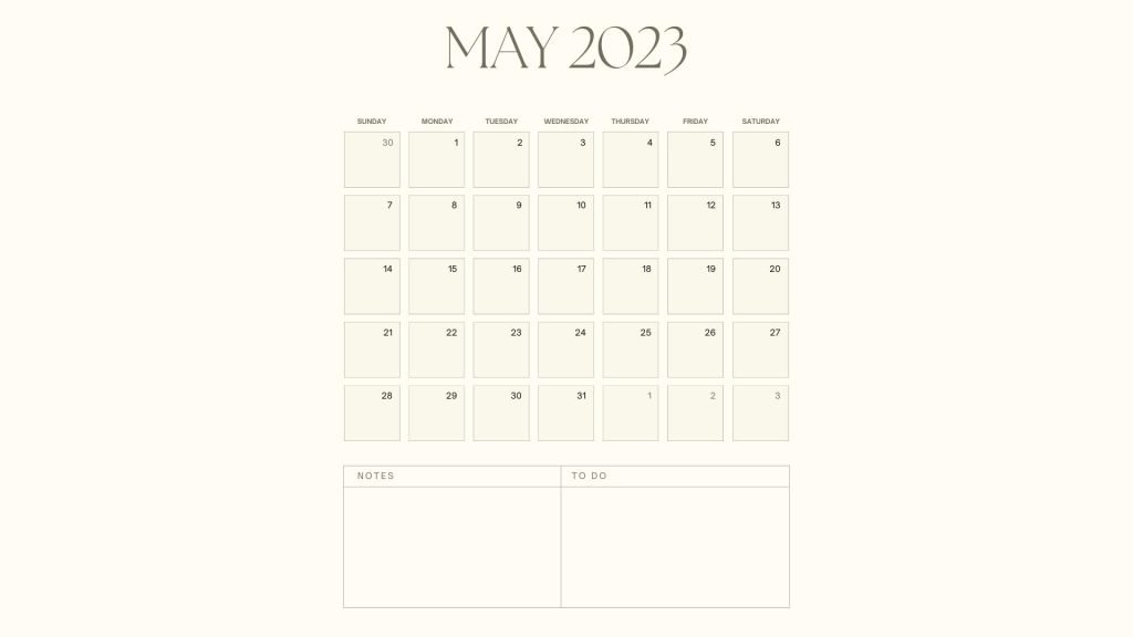 Simple and Minimal Monthly May 2023 Calendar