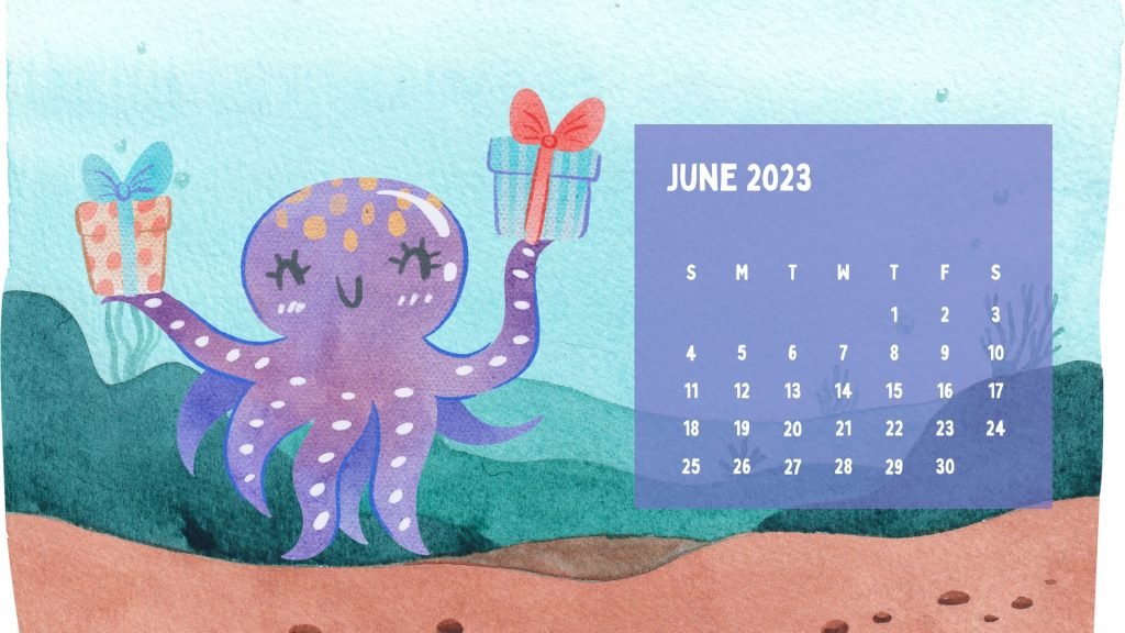 Watercolor Illustrated Cute Cartoon Octopus June 2023 Calendar
