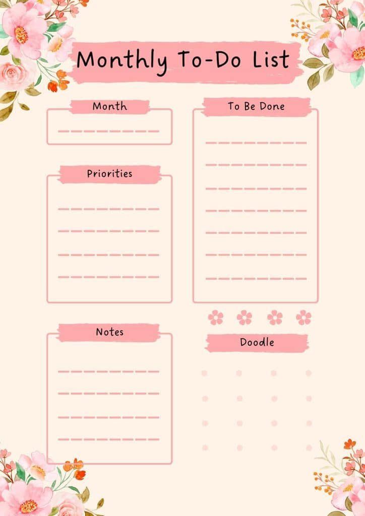 White Pink Simple Monthly To Do List Document A4