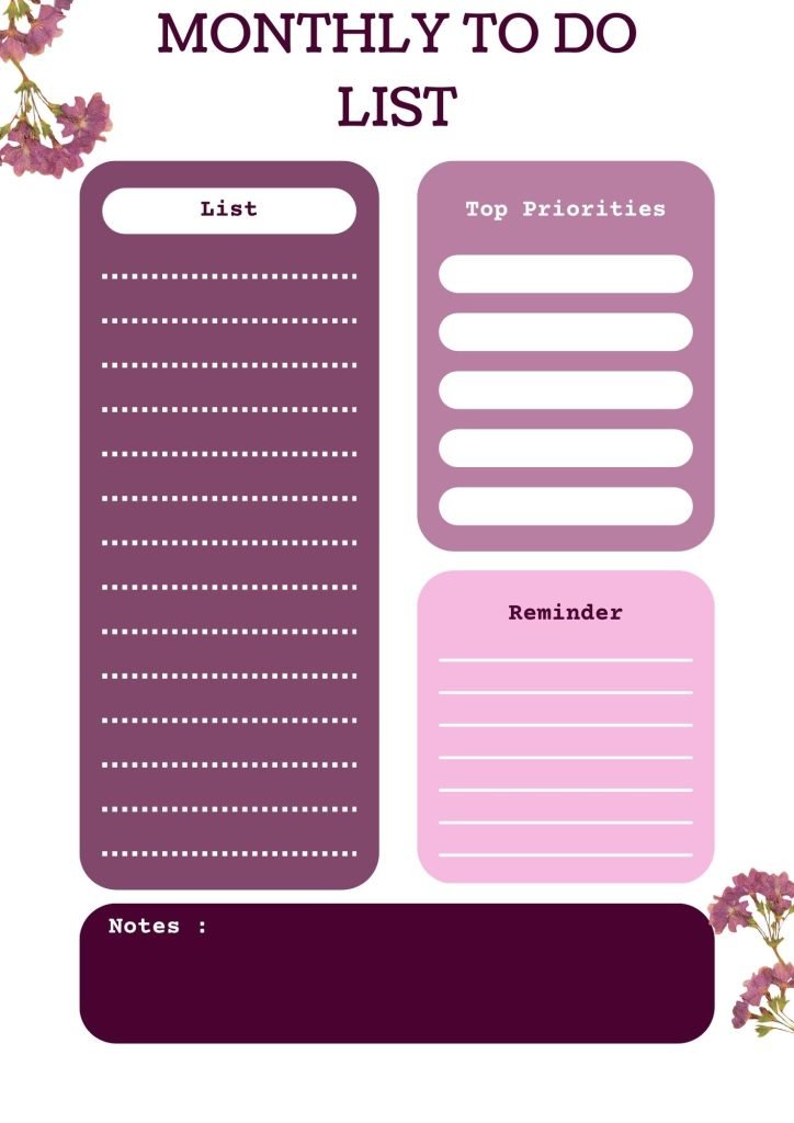 White Purple Clean Monthly To Do List 