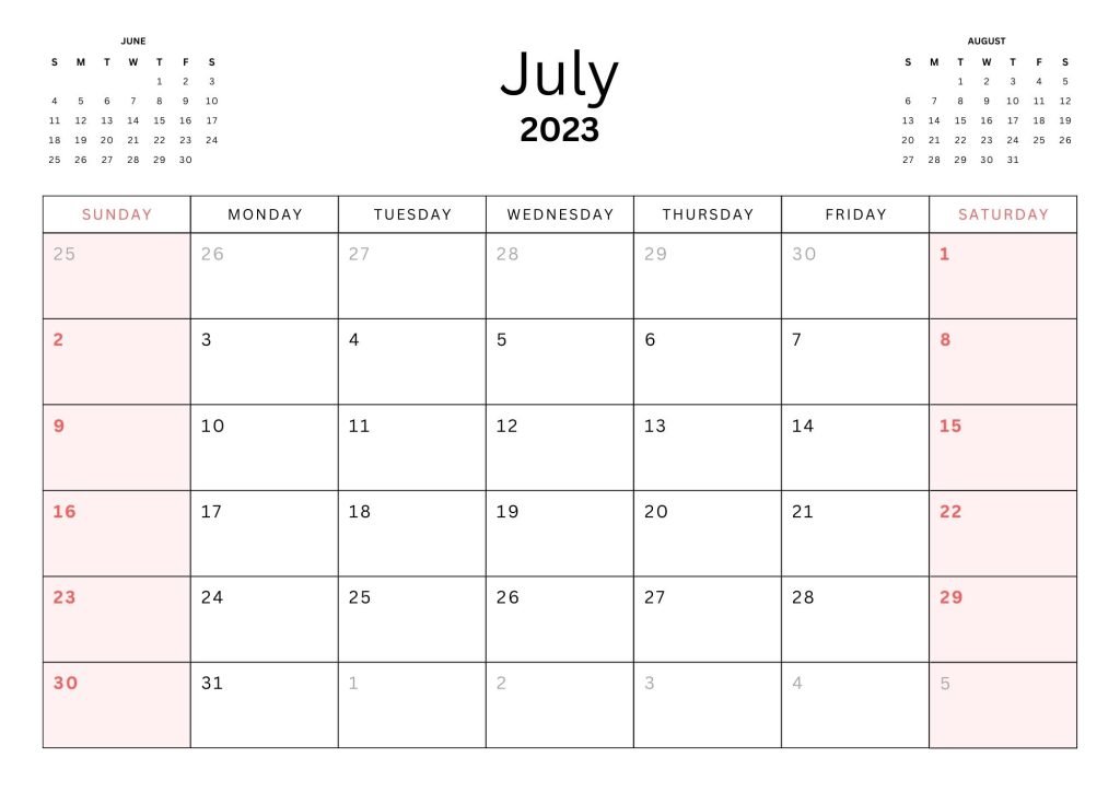White Simple Minimalist july 2023 Monthly Calendar 