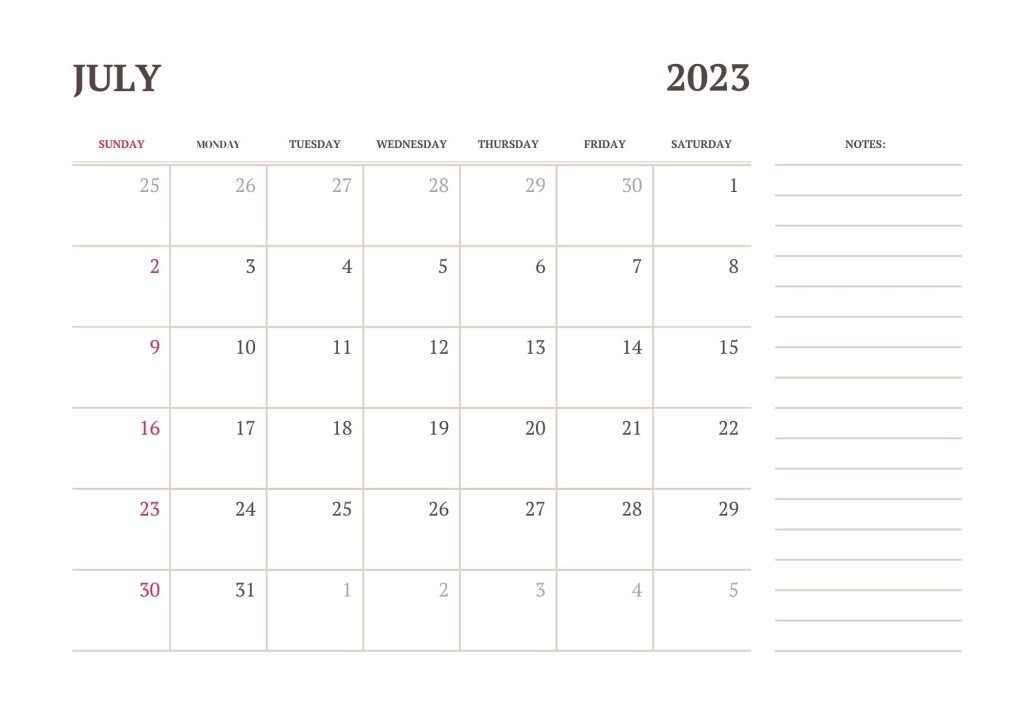 White Tan Minimalist Monthly 2023 July Calendar