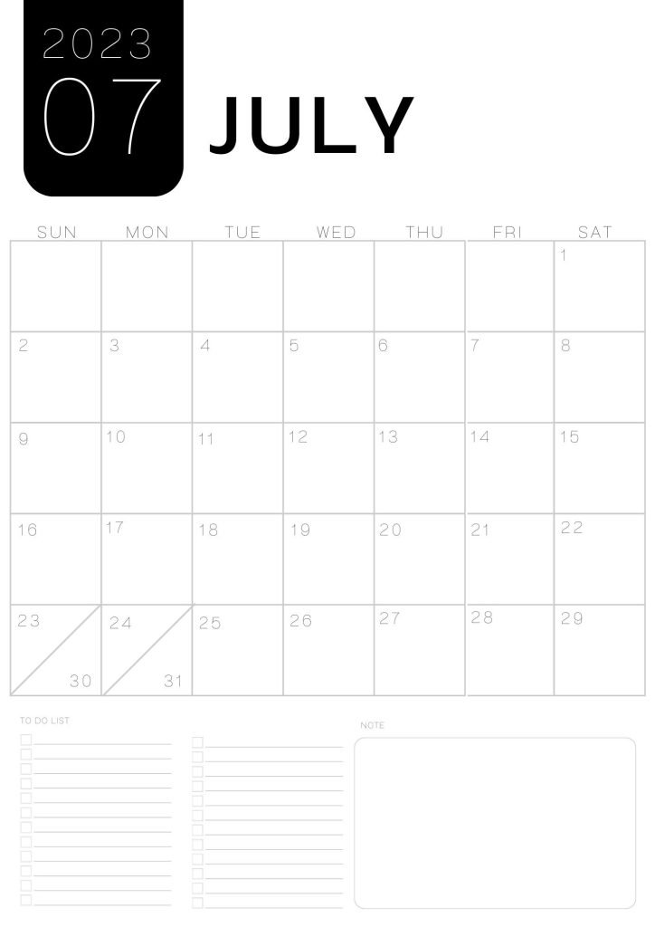 White and Black Minimalist July 2023 Calendar A4 Document 