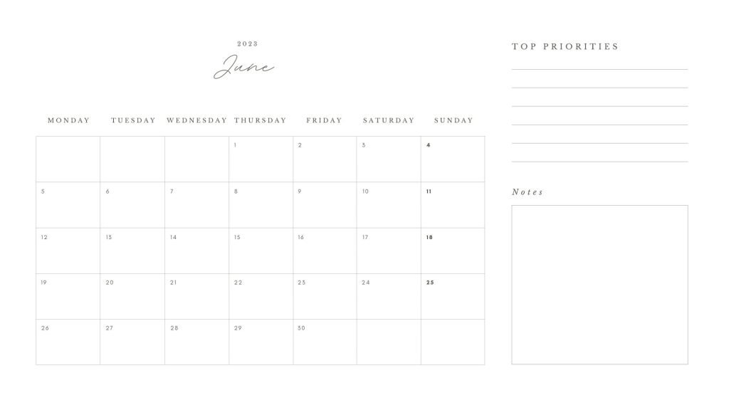 White minimalist Elegant June 2023 Calendar