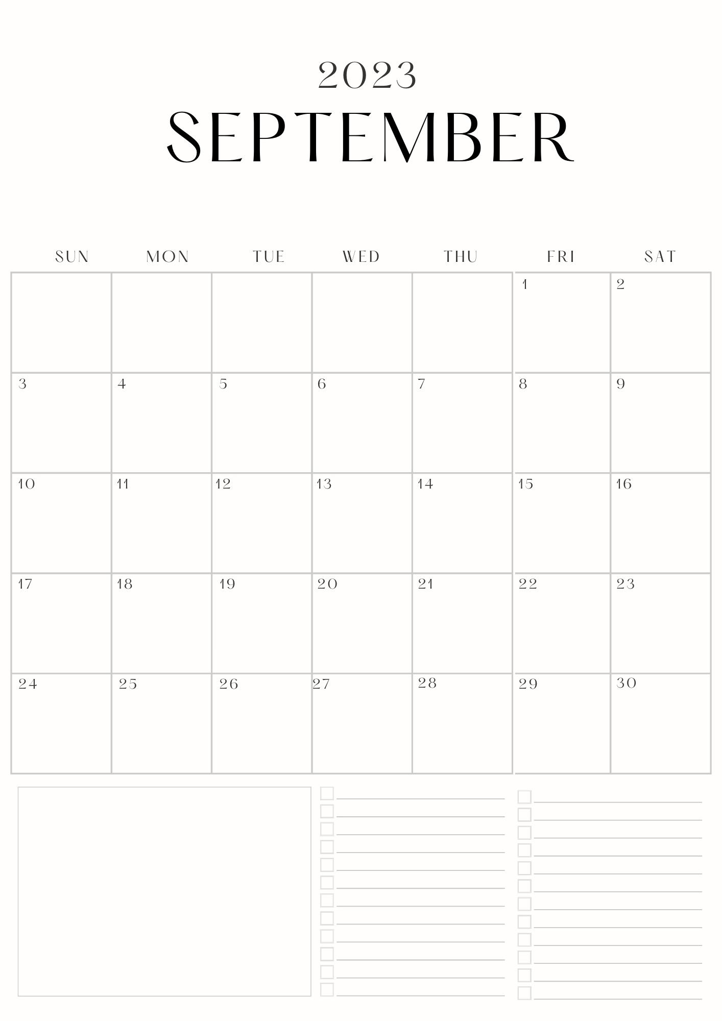 40 September 2023 Printable Calendars - Cream And Black Minimalist September 2023 Calendar Planner A4 Document 