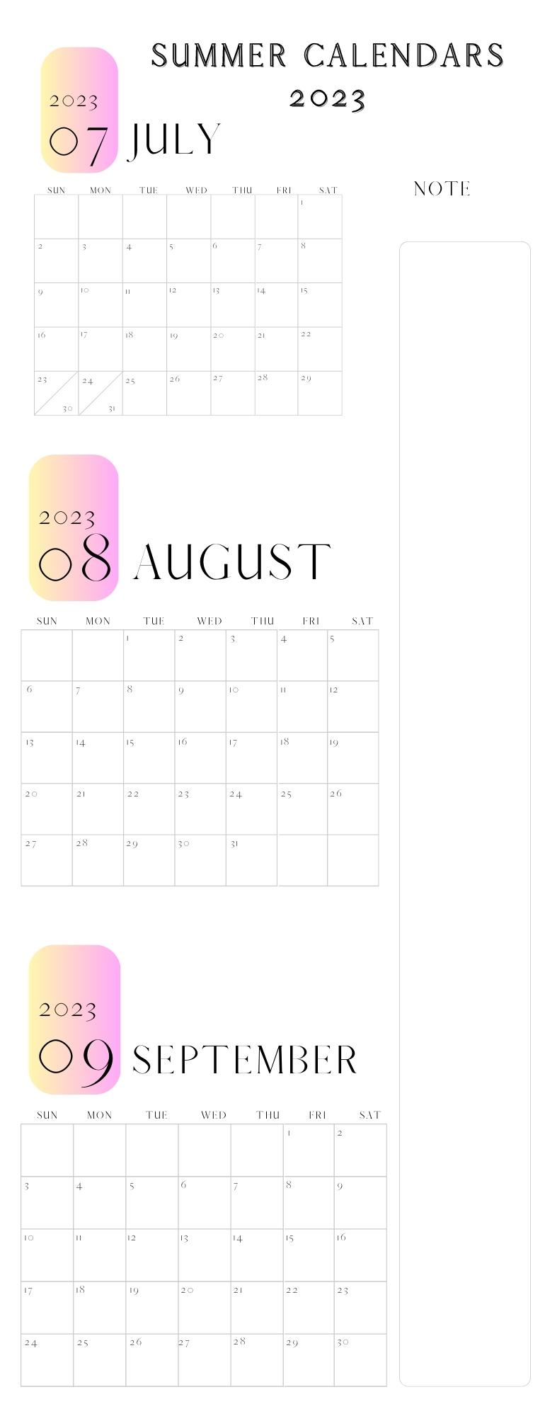 2023 Free Printable Summer Calendars - Printaboles