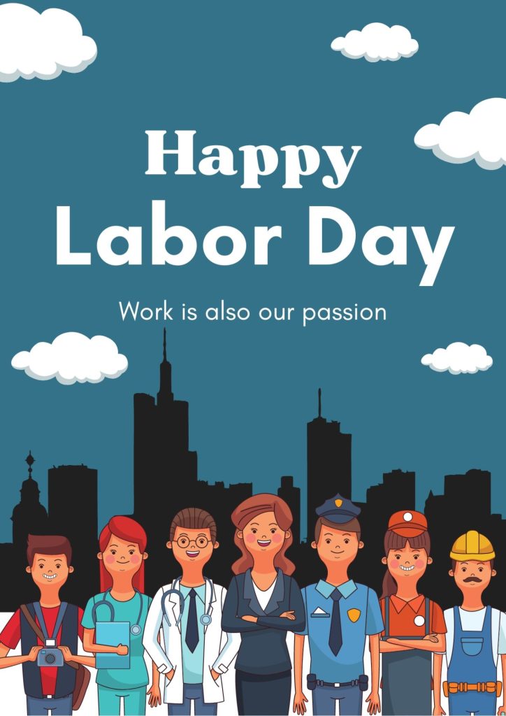 Blue Illustrated Happy Labor Day Work With Passion