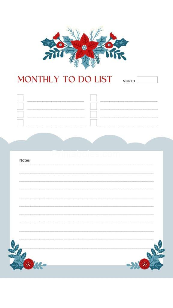 Blue Red Simple Floral Illustrated Winter Flower Monthly To Do List