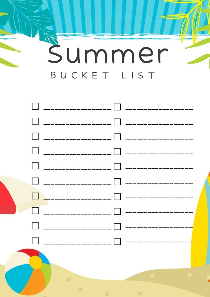 Cute Summer Activity Summer Bucket List Document