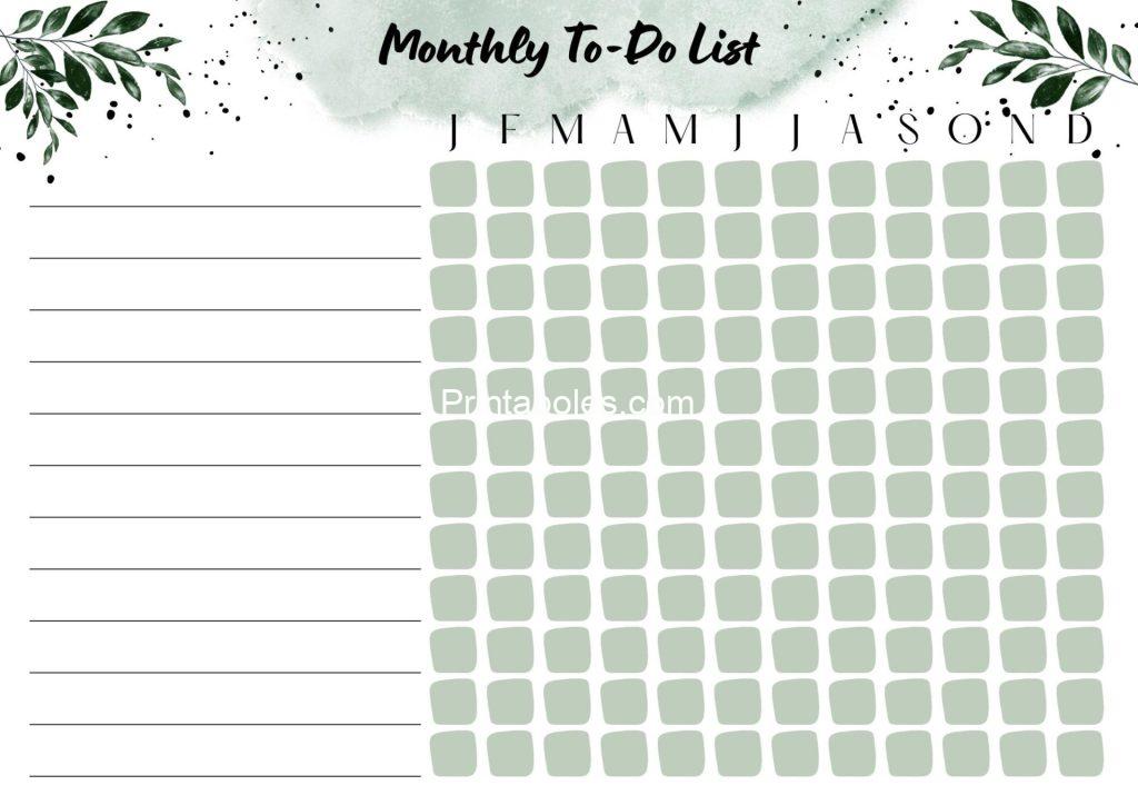 Green and White Floral Watercolor Illustration Monthly To-Do List