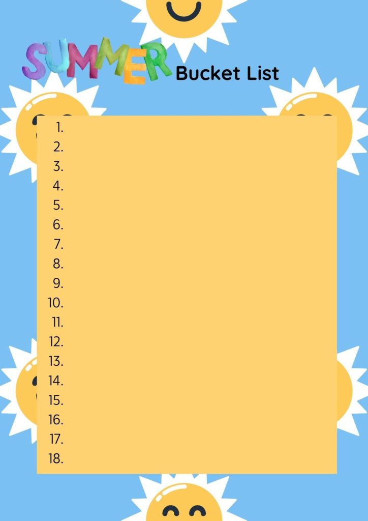 Sun Summer Bucket List printables