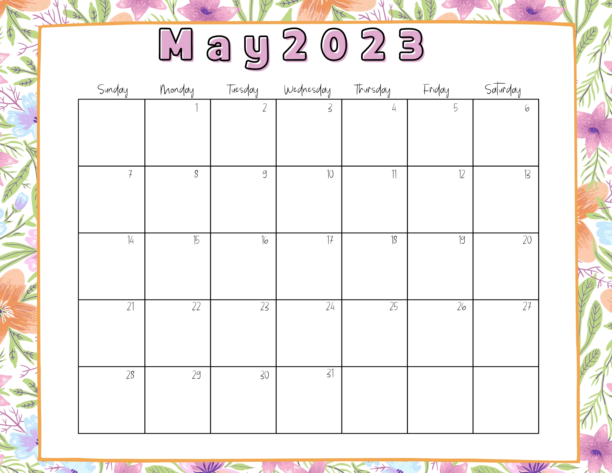 40 May 2023 Printable Calendars - May Floral Calender 