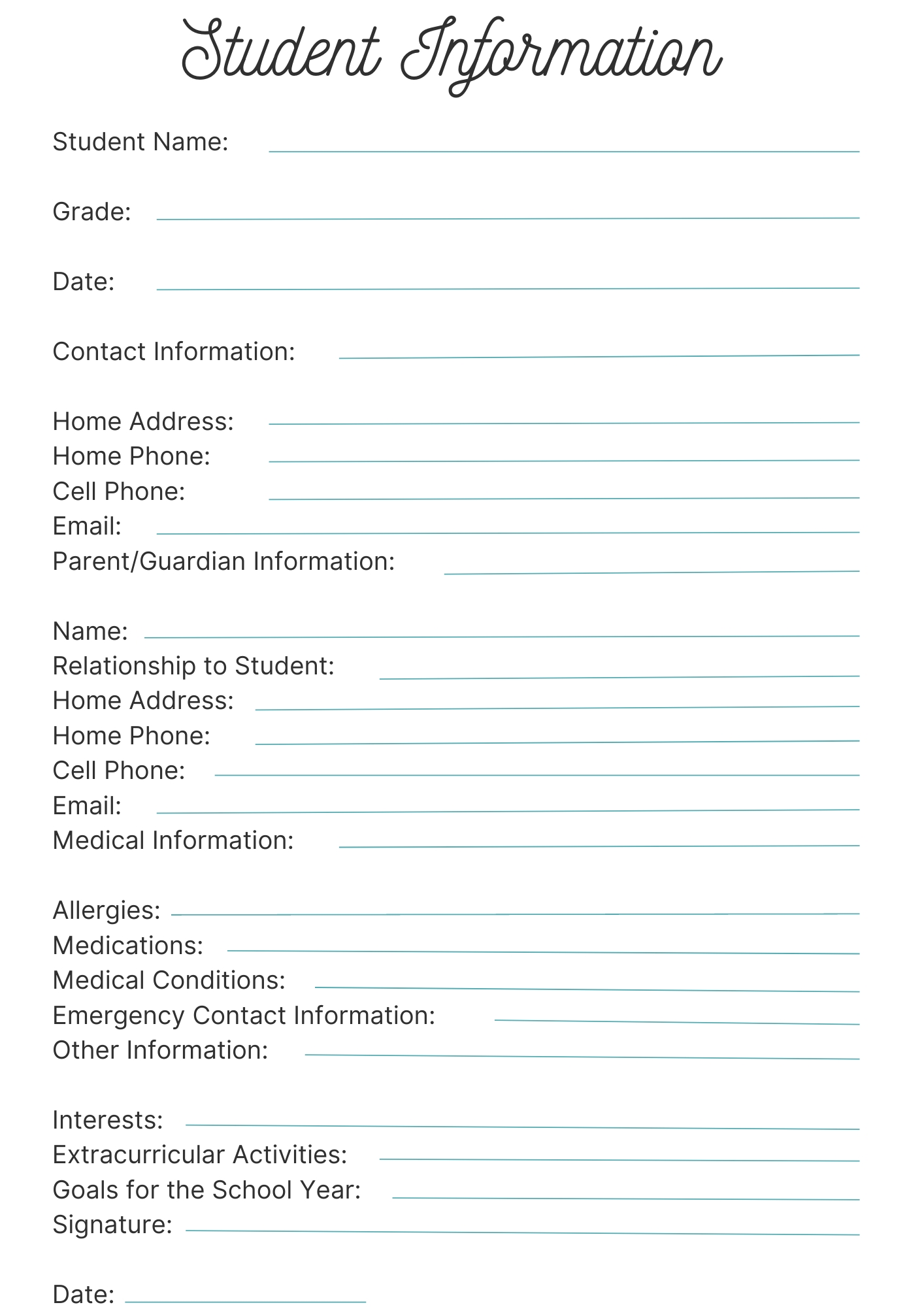 40 Free Printable Student Information Sheets Printaboles