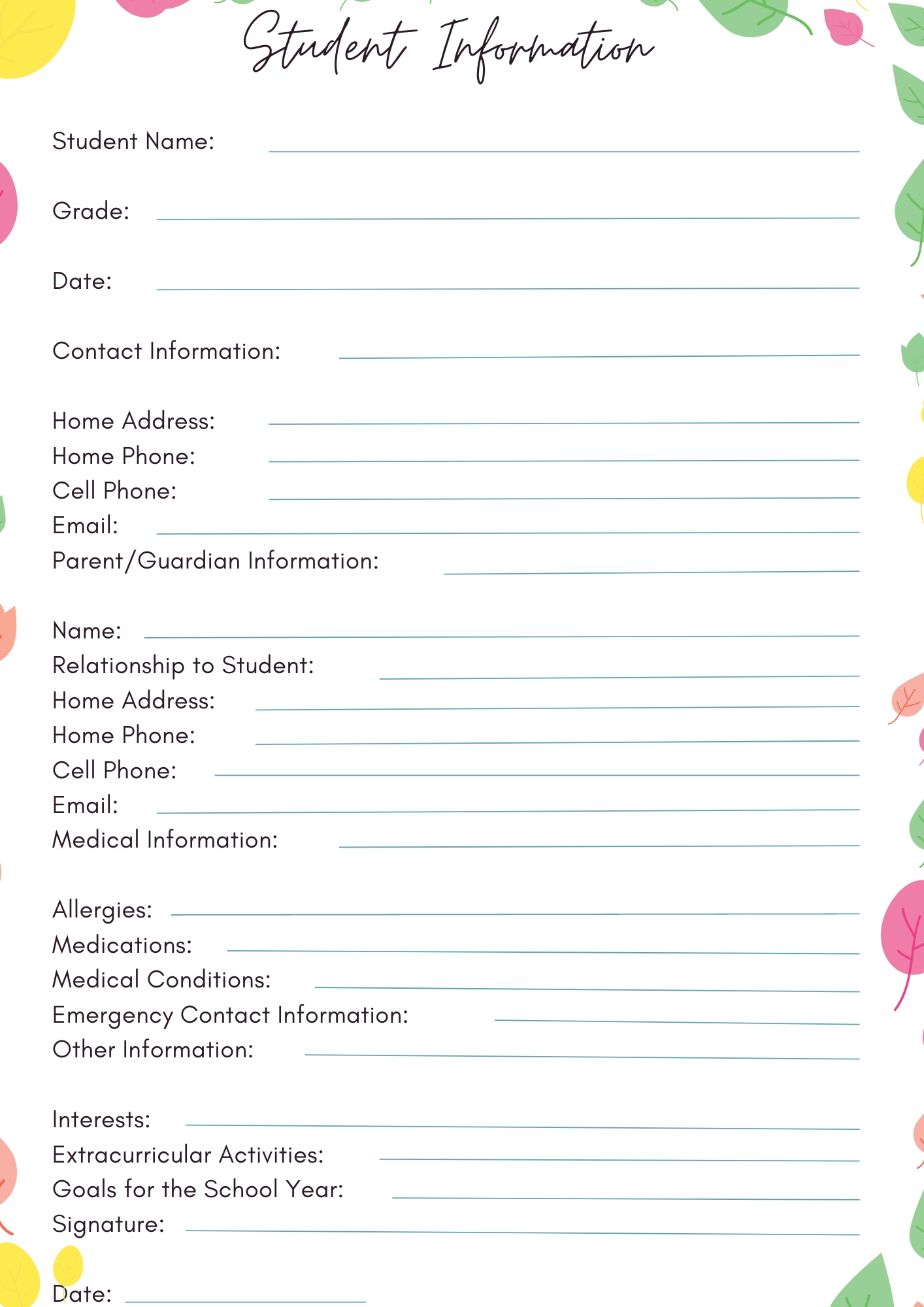 40 Free Printable Student Information Sheets - Printaboles