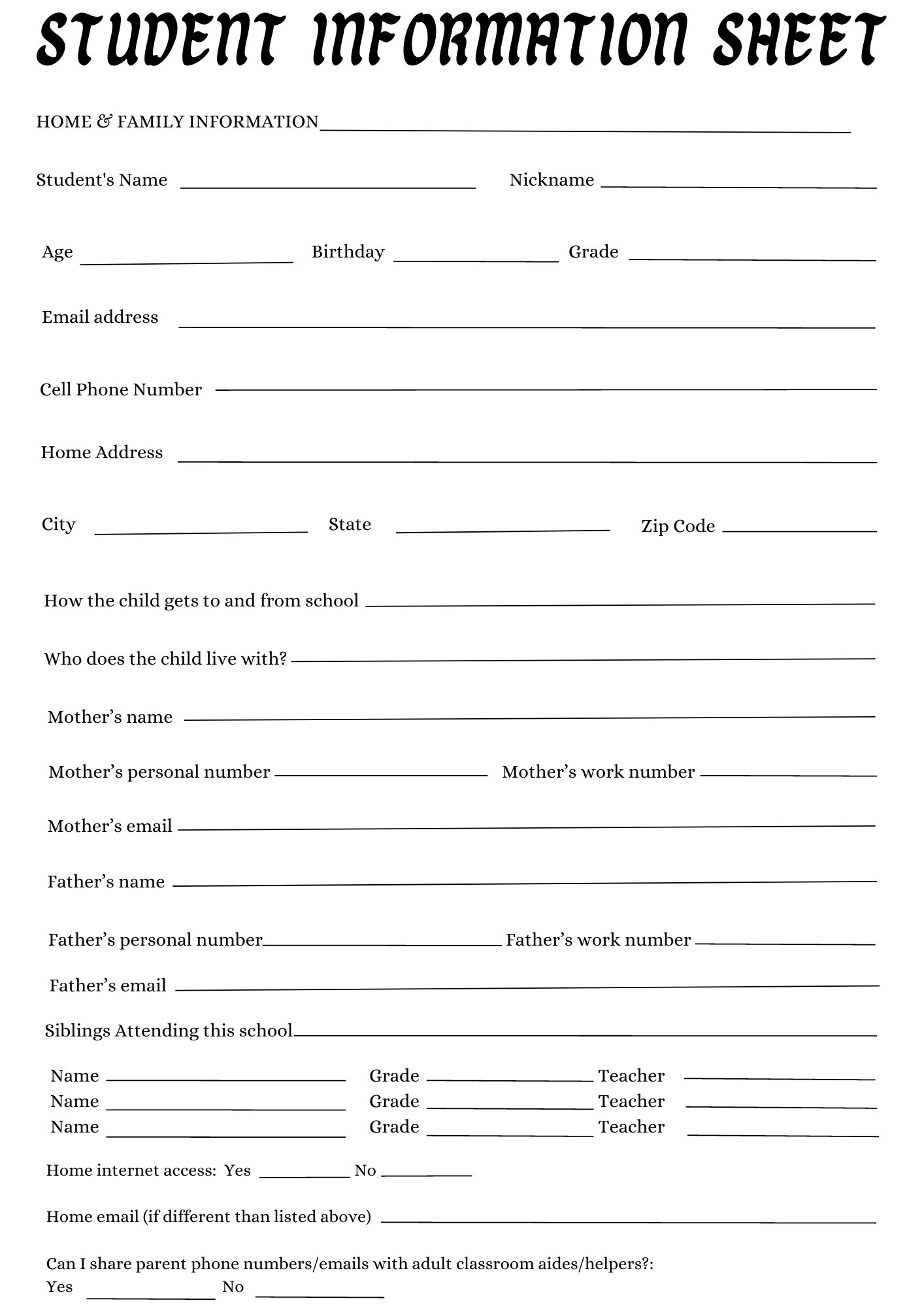 40 Free Printable Student Information Sheets - Printaboles