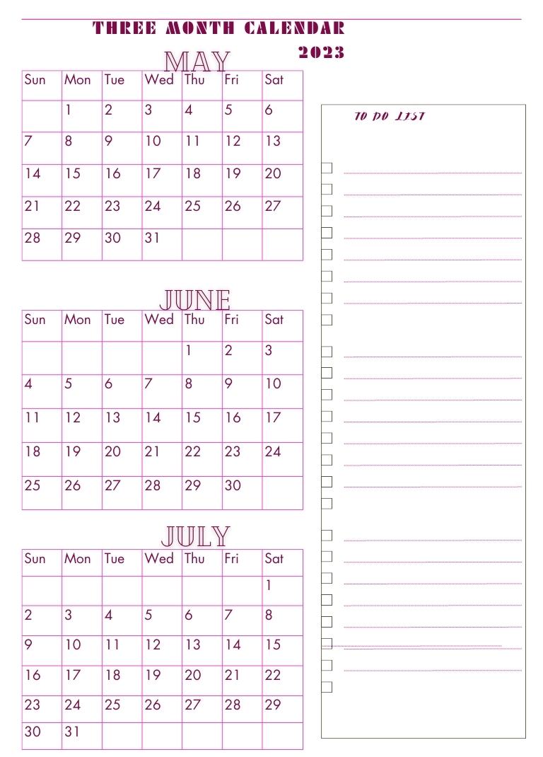 2023 Free Printable Three Month Calendars - Printaboles