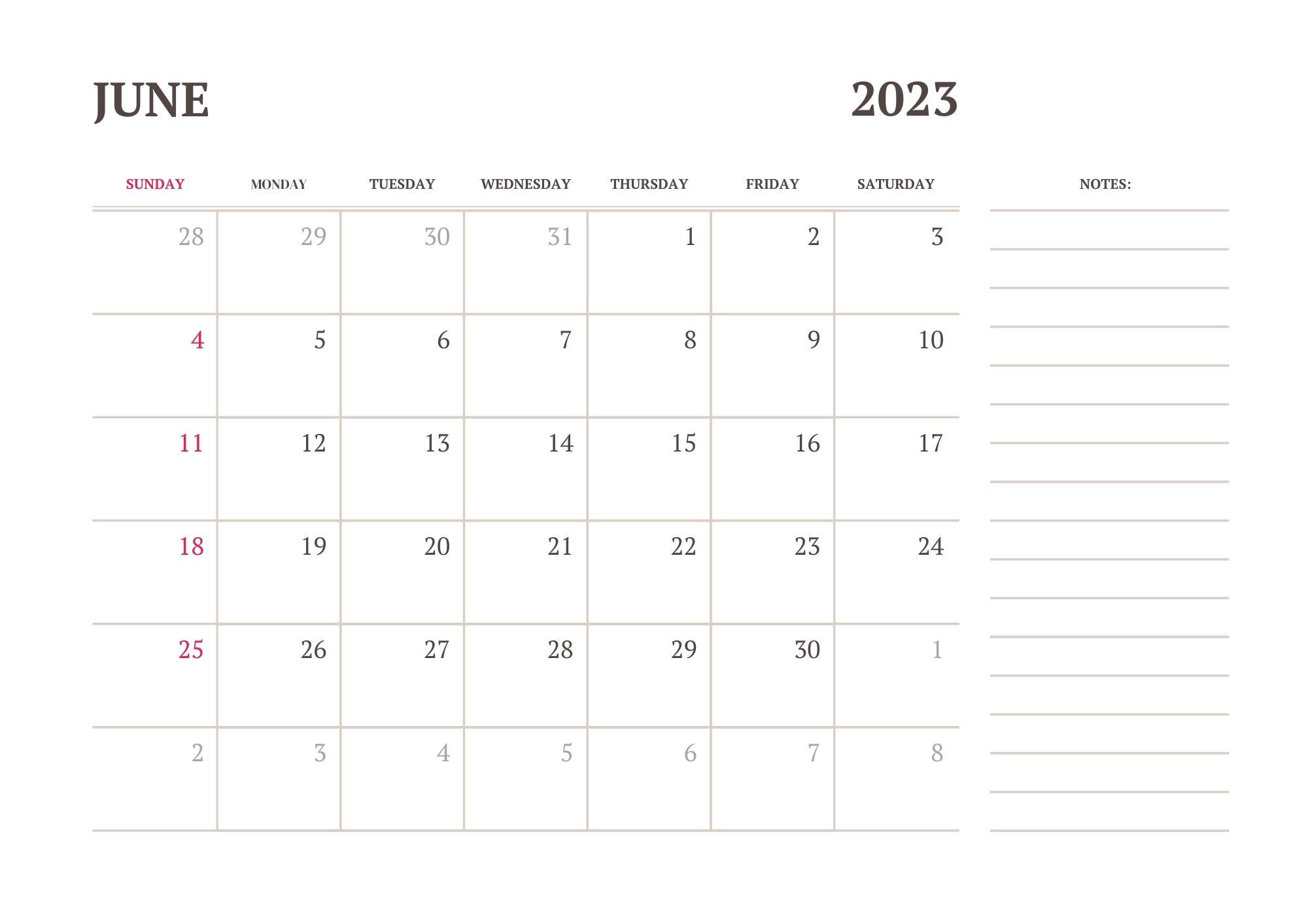 40 June 2023 Printable Calendars - White Tan Minimalist June 2023 Calendar 